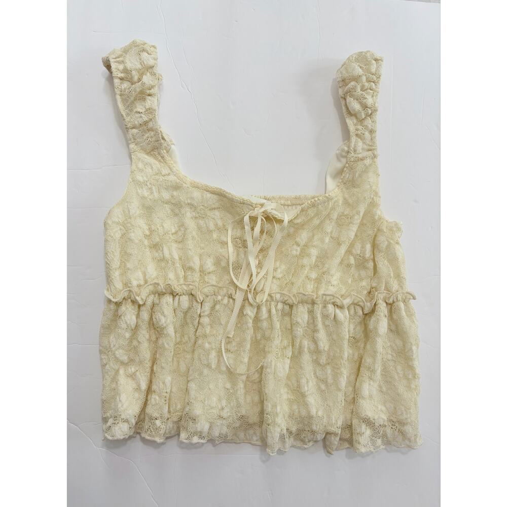 Kirious Cream Lace Crop Tank Top Coquette Cottagecore Ruffle Peplum M